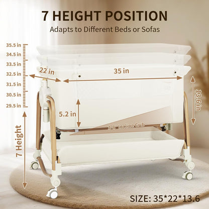 4 in 1 Baby Bassinet | Bassinet Bedside Sleeper for Baby on Wheels with Storage Basket | 7 Height Adjustable Breathable Mesh Rocking Bedside Sleeper with Musquito Net for Newborn (Grey)