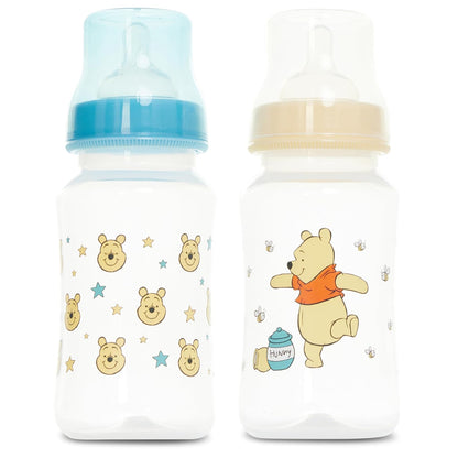 Disney Baby Bottles and Pacifiers Set – 2 Hourglass-Shaped 11oz Bottles + 2 Orthodontic Pacifiers – Officially Licensed Mickey, Minnie, Pooh & Dumbo Designs – BPA-Free Feeding Gift Set