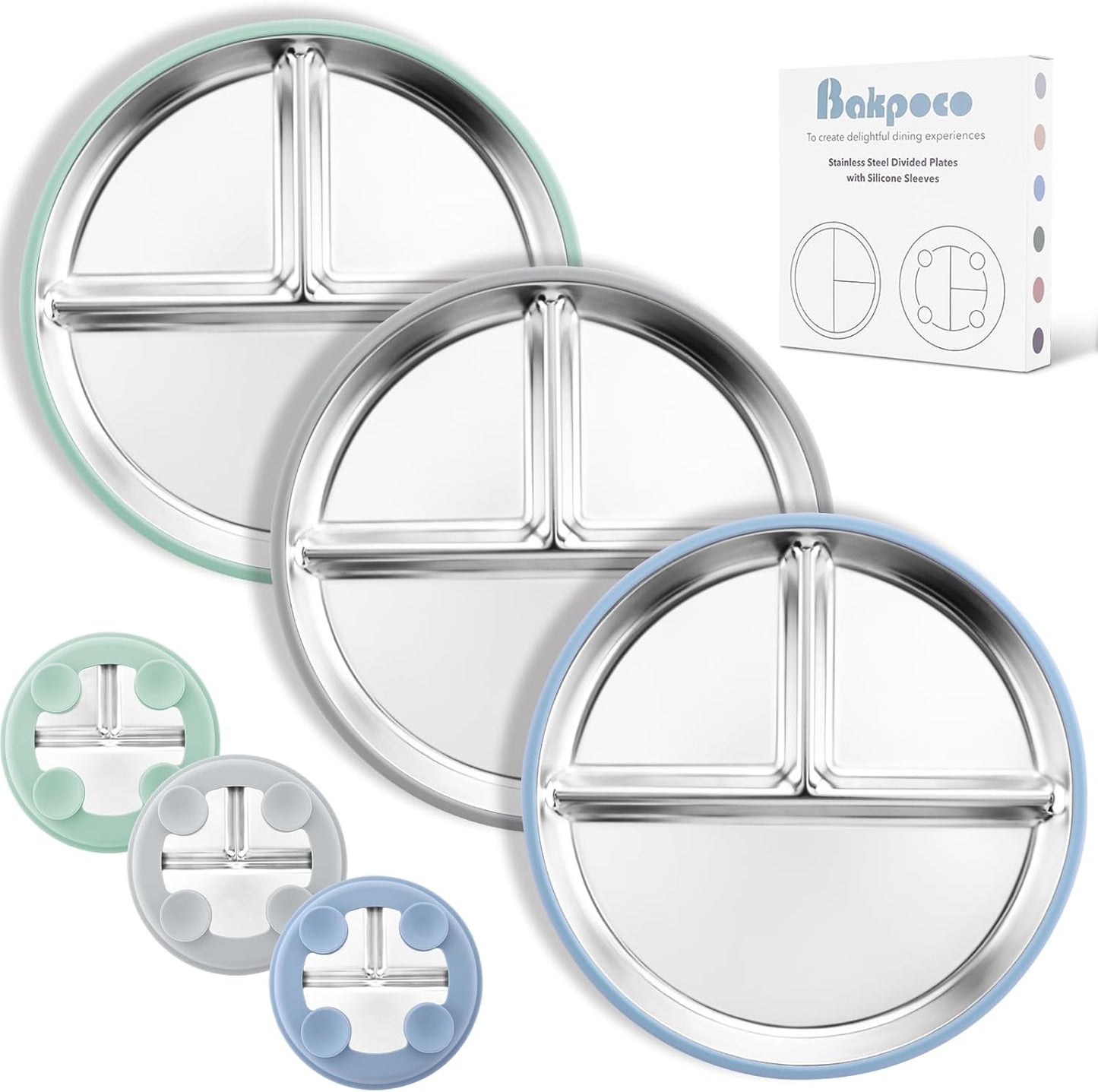 Bakpoco Stainless Steel Toddler Plate with Suction, 9” Divided Plates with Removable Silicone Sleeves for Kids, Non Toxic & BPA Free | Non Slip | Unbreakable Baby Snack Dishes Set of 2, Blue & Gray