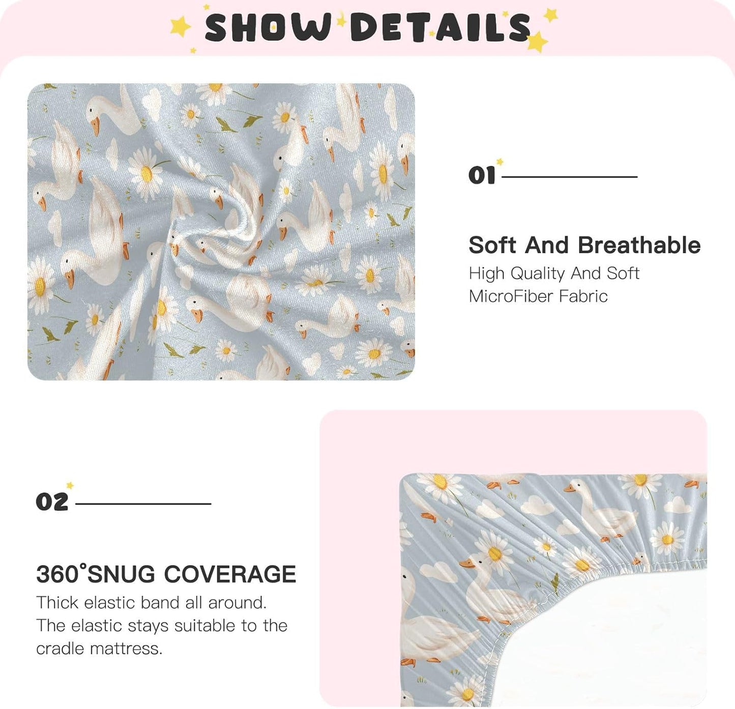 Baby Crib Sheet Cute Goose Flowers Crib Mattress for Boys and Girls Playard Sheet Soft Breathable Fitted Baby Mattress Cover 52x28in