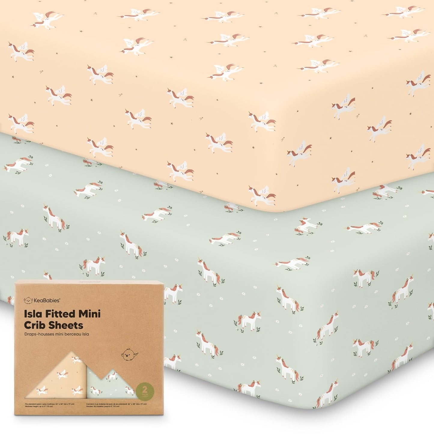 2-Pack Waterproof Pack and Play Sheets, Mini Crib Sheets Fitted for Boy, Girl - 38 x 26 Viscose from Bamboo Pack N Play Mattress Sheets for Graco, Toddler Playard Baby Crib Sheets Neutral (Blue Flax) - Colors A