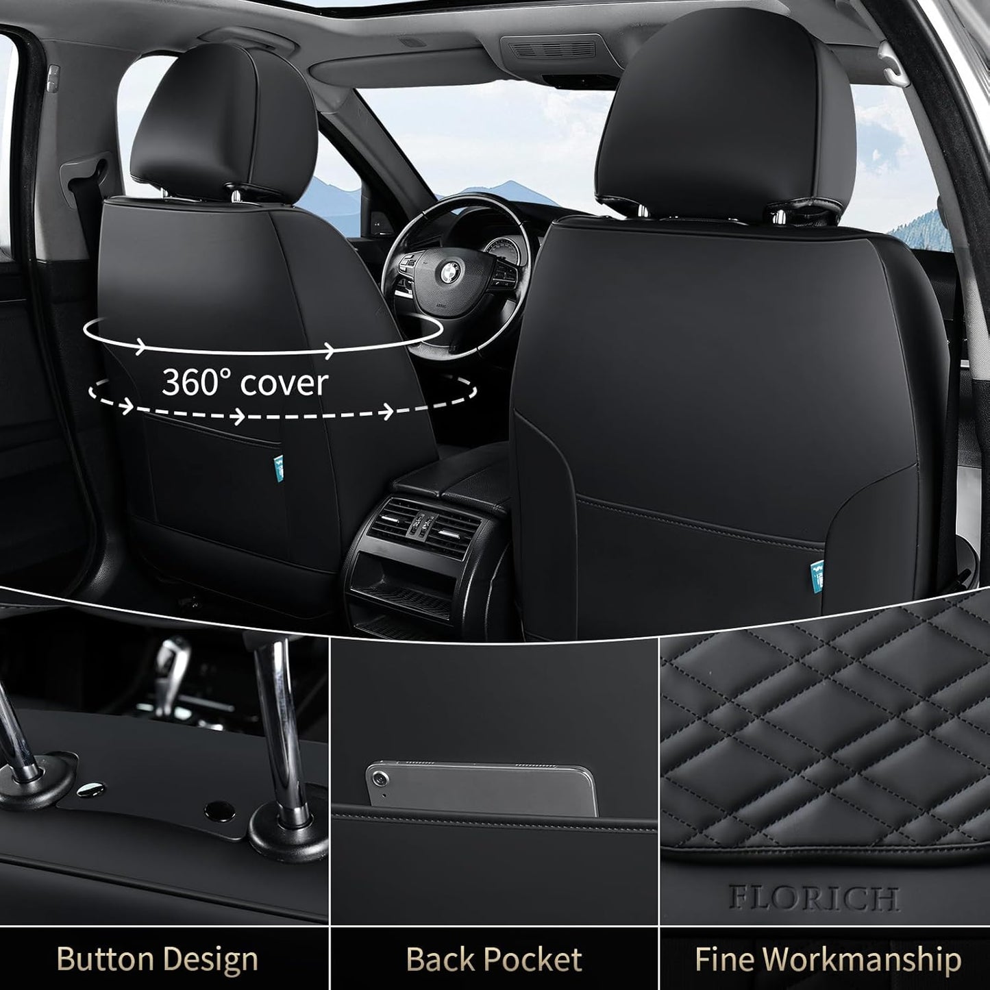 FLORICH Car Seat Covers Full Set, Automotive Seat Covers, Black Car Seat Cover, Waterproof Seat Protectors Universal fit for Car Truck Van SUV - Black