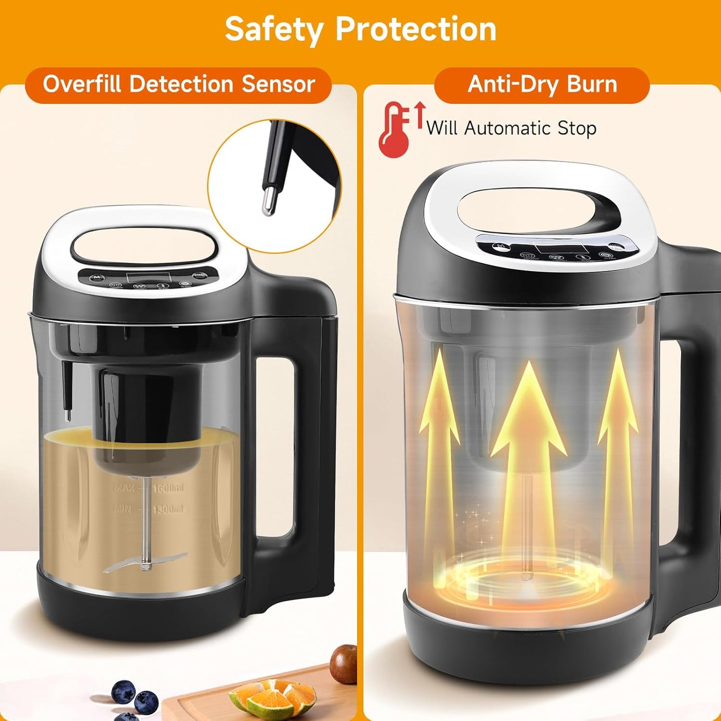 Homtone 1.6L Soup Maker Machine, Stainless Steel Soup Maker Blender with Smooth & Chunky Settings, Anti-Dry Burn, Overfill Sensors, Ideal for Quick Soups, Baby Food
