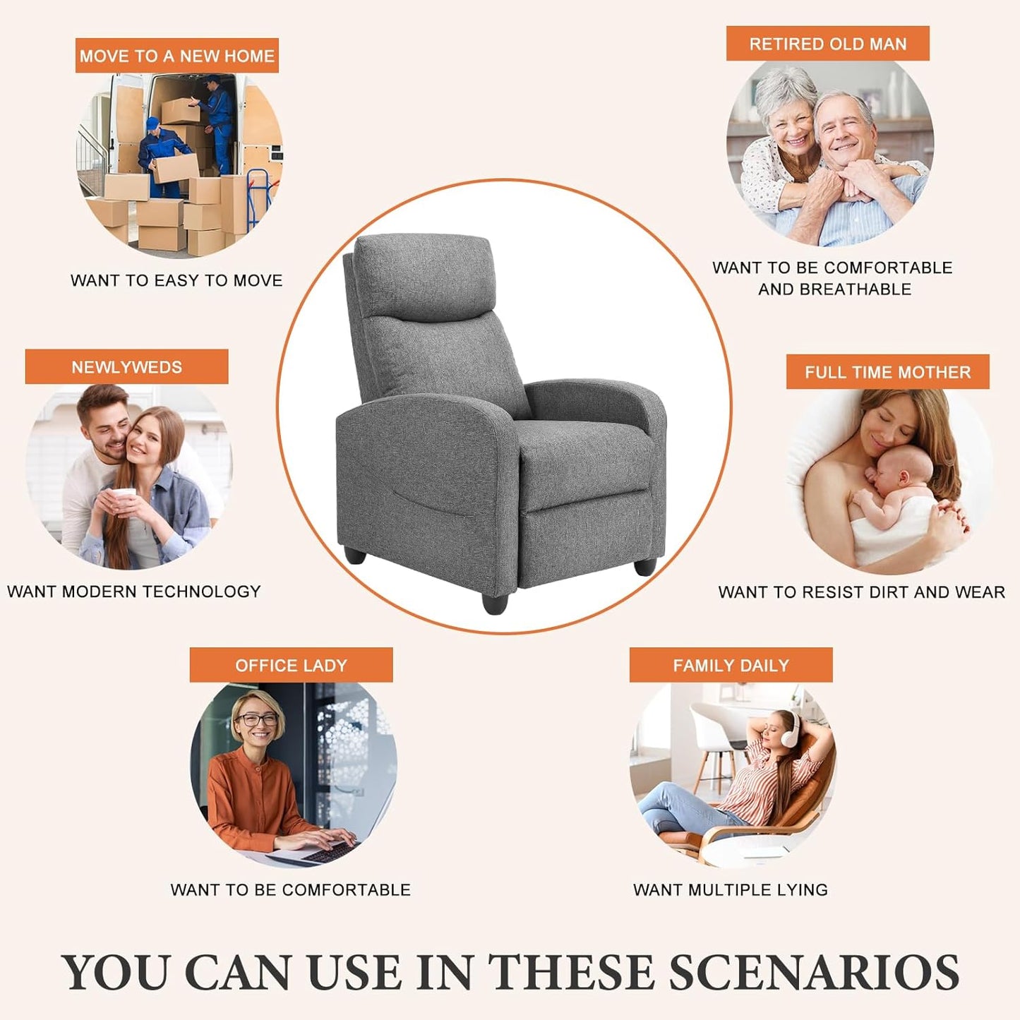 Sweetcrispy Recliner Chair, 360 Swivel Rocker Chair for Adults, Glider Rocker Recliners, Nursery Chairs for Living Room, High Back, Upholstered Deep Seat, Classical Brown