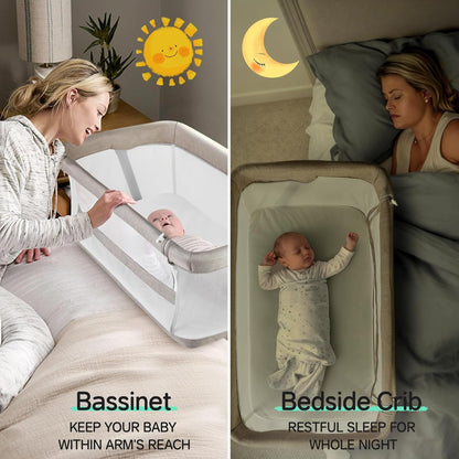 Cowiewie Bassinet Bedside Sleeper,Baby Bassinet Slides Over Bed,5-Position Height Adjustment & Breathable All-Mesh Wall Bedside Bassinet for Baby,Space-Saving Bedside Crib, Height(37.4-41.3") (Beige)