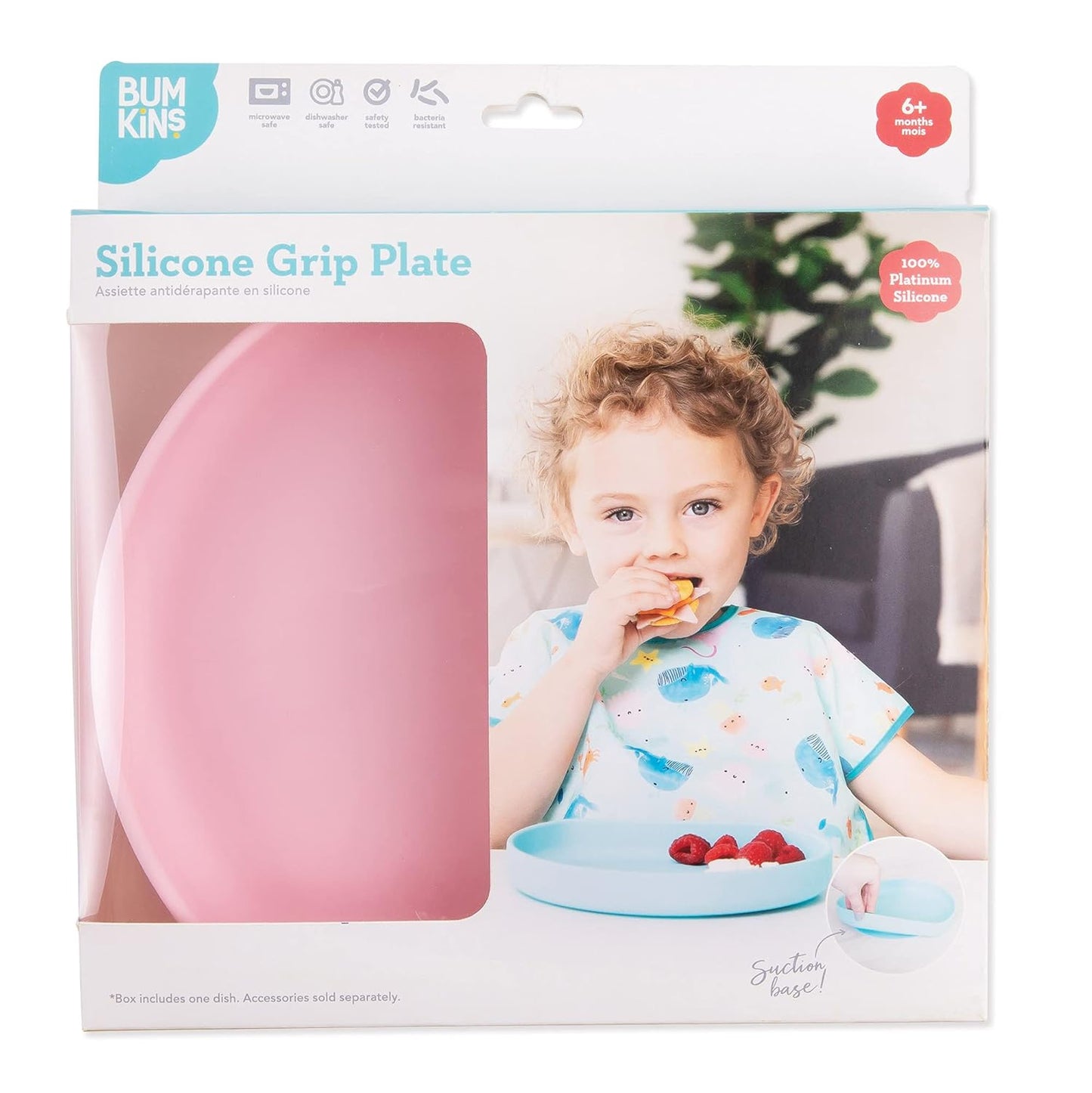 Bumkins Toddler and Baby Suction Plate, Divided Grip Dish for Babies and Kids, Baby Led Weaning, Feeding Supplies, Sticks to Tables and Highchairs, Platinum Silicone, for Chidren 6 Months, Gray
