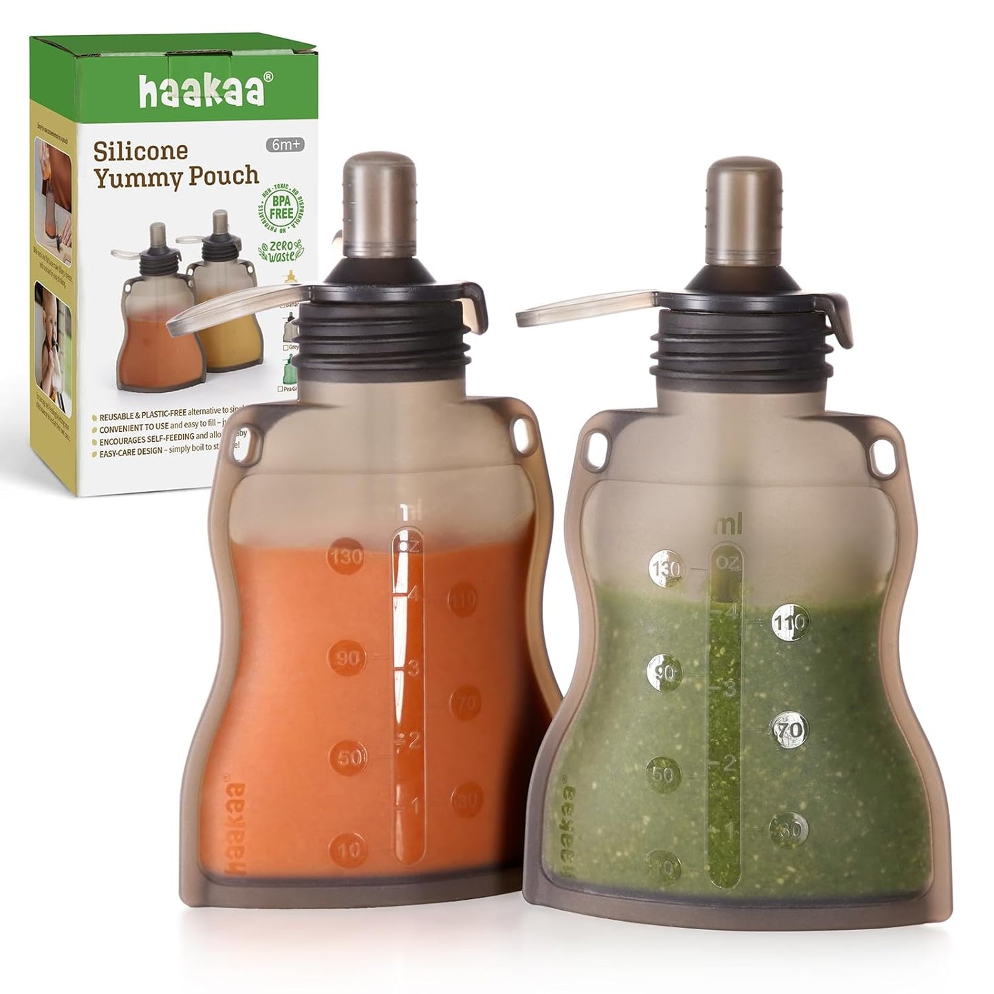 haakaa Yummy Pouch Reusable Baby Food Pouch, Reusable Pouches for Toddlers Kids Squeezable Pouch, Washable Freezer - Make Homemade Organic Food for Babies/Toddlers, 4oz, 2 Pack,6m+(Pea Green)