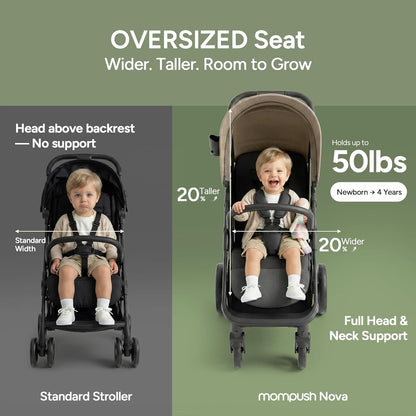 Mompush Nova Infant Baby Stroller for Newborn to Toddler, Oversized Seat up to 50 lbs, All-Terrain 10" Wheels & Suspension, One-Hand Fold; Lie-Flat Mode; UPF 50+ Canopy