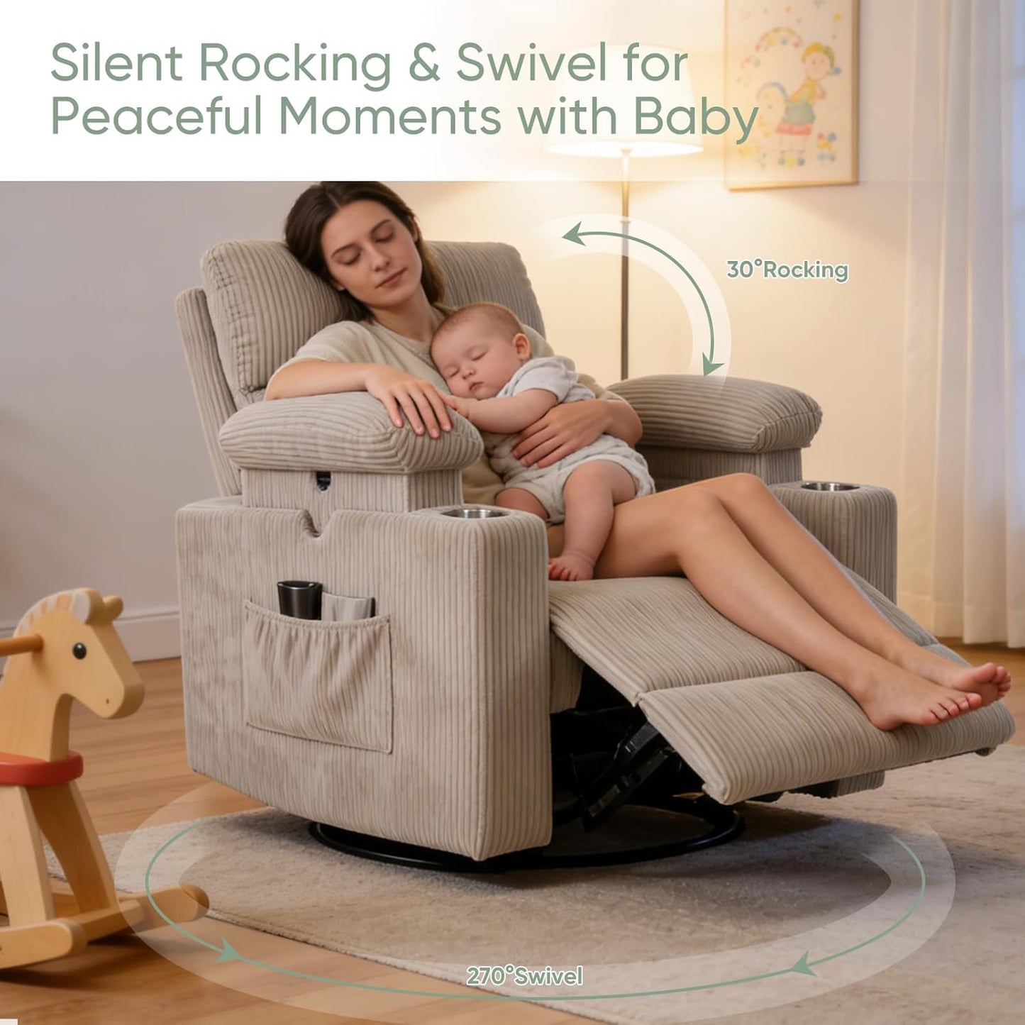 Rocking Chair Nursery with Adjustable Armrest for Breastfeeding, Glider Recliner Nursery Chair with Massage and Heat, Power Swivel Rocker Recliner with Adjustable Headrest, Corduroy, Beige