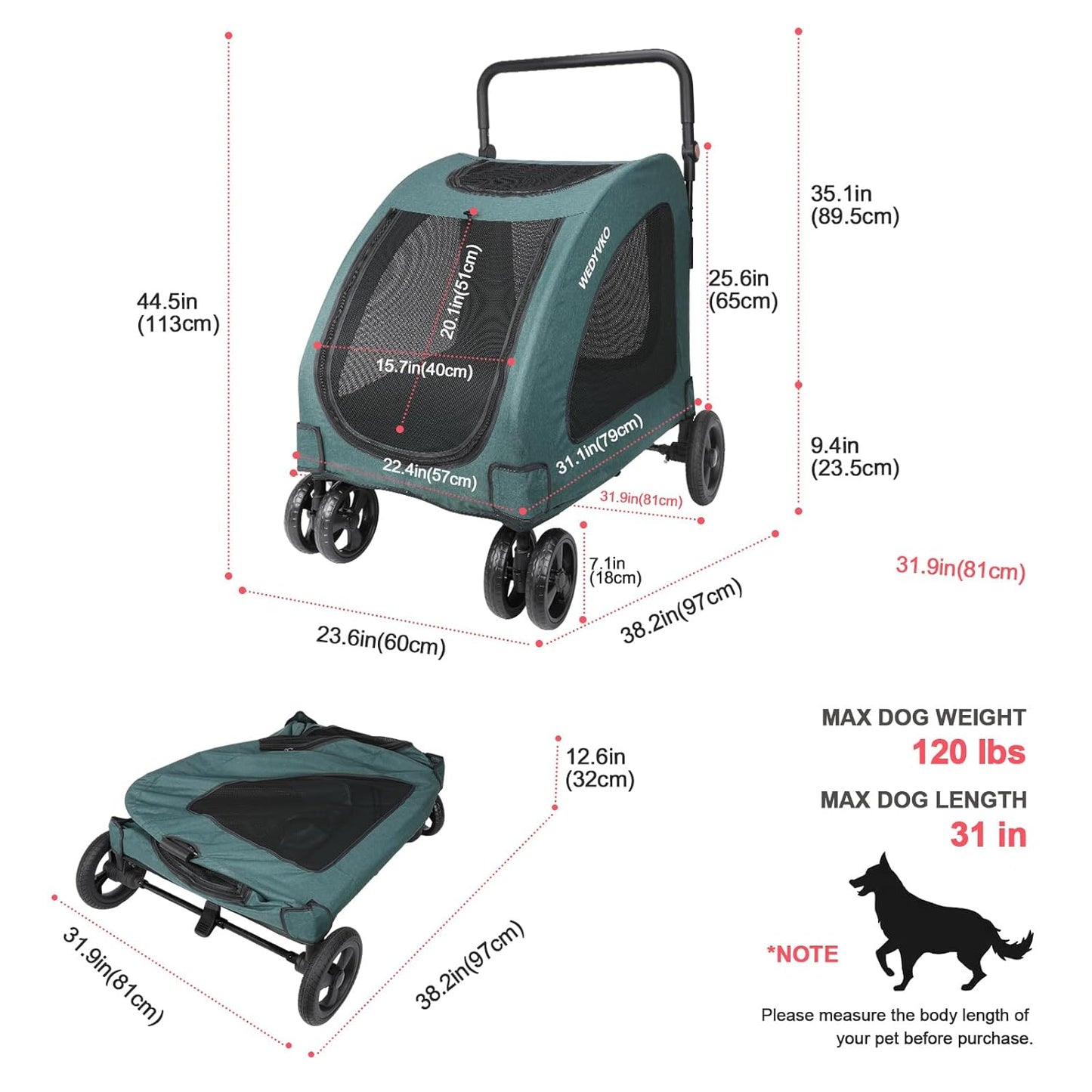 Large Dog Travel Stroller with 4 Heavy Duty Wheels Pet Stroller with Adjustable Handle - Double Doggie Capacity Jogger Wagon with Back Front Door for Small Medium Large Dogs (Dark Light Gray)