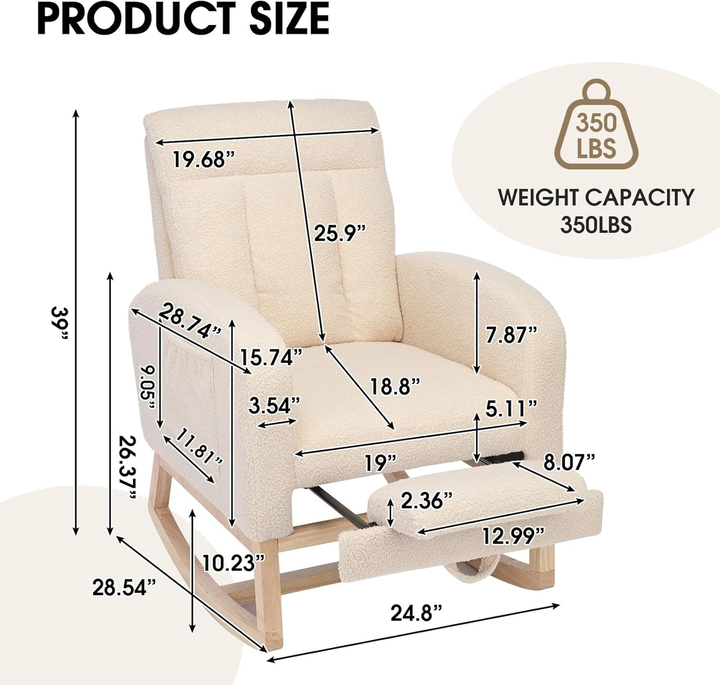 NIOIIKIT Modern Nursery Rocking Chair, Teddy Upholstered Rocking Chair with Footrest, Comfortable Rocker Recliner with Side Pocket, Rocker Glider for Living Room, Bedroom, Nursing Room (Apricot)