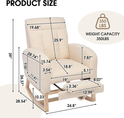 NIOIIKIT Modern Nursery Rocking Chair, Teddy Upholstered Rocking Chair with Footrest, Comfortable Rocker Recliner with Side Pocket, Rocker Glider for Living Room, Bedroom, Nursing Room (Apricot)