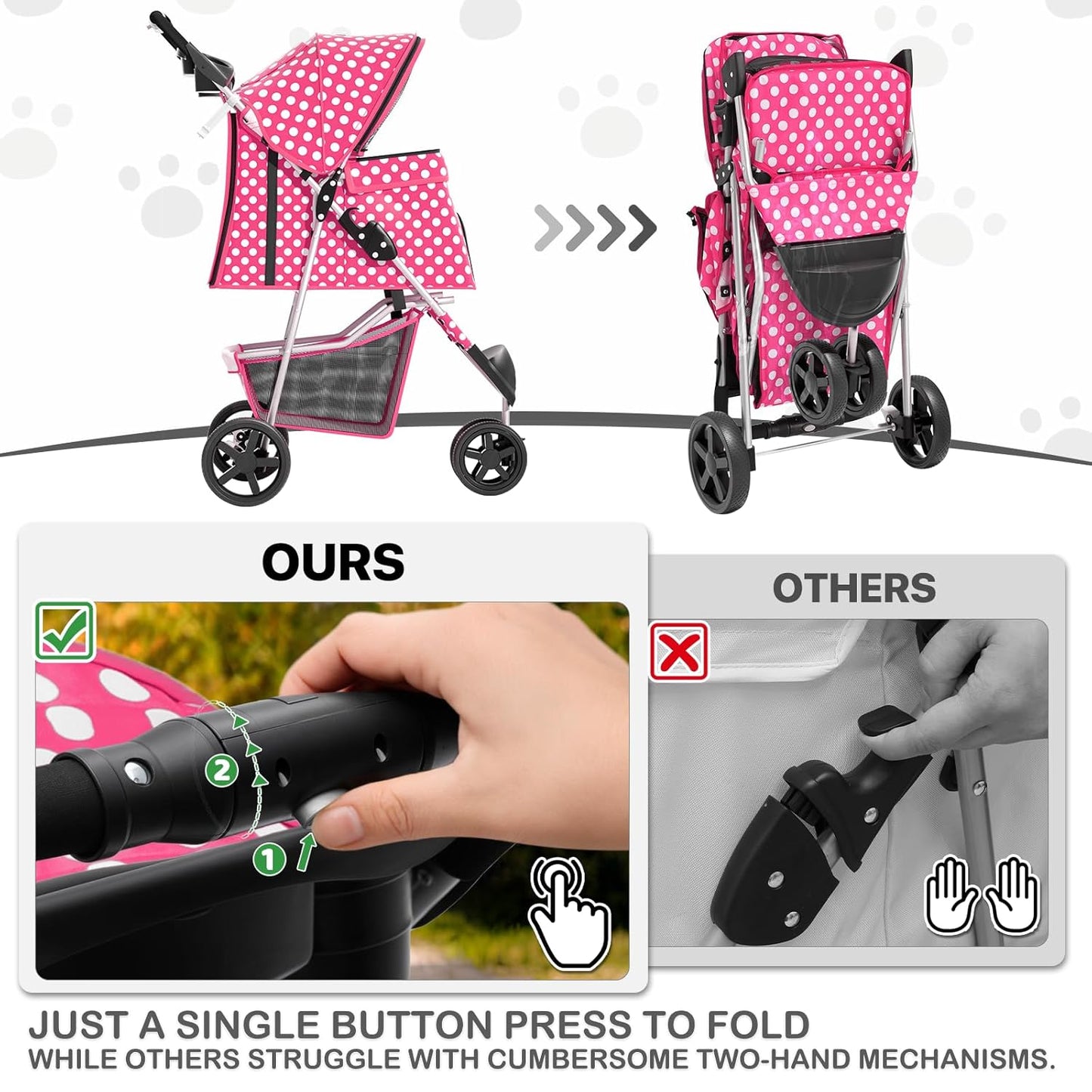 MoNiBloom Foldable Pet Stroller with Weather Cover, 3 Wheels Pet Strolling Cart for Small/Medium Dogs and Cats with Storage Basket and Cup Holder, Breathable and Visible Mesh for All-Season, Black