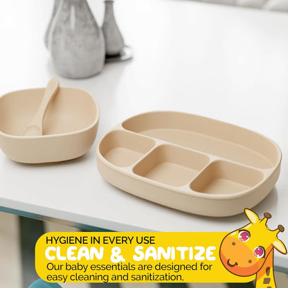 Baby Feeding Set by Muqee Peeko as a Baby Feeding Essentials in Baby Apricot Color with Baby Suction Plates for Toddlers, Baby Bowls with Suction and Baby Spoon (3 Piece Set)