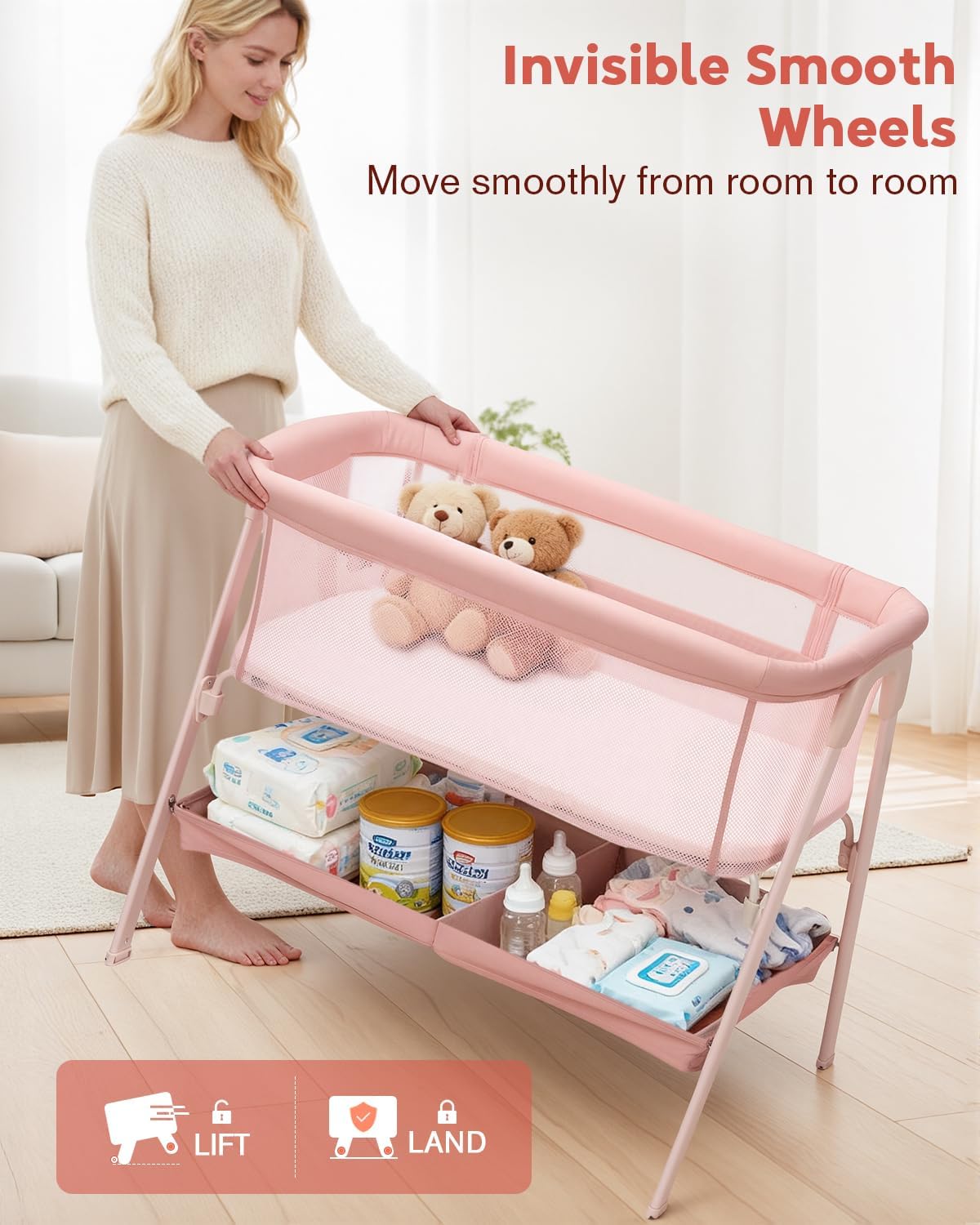 Baby Bassinet, Bedside Bassinet for Baby, Bassinet Bedside Sleeper with Mattress, Storage Basket and 4 Auto-Lock Wheels, Full-Mesh Sides, Bedside Mini Crib for Newborn (Beige)
