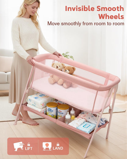 Baby Bassinet, Bedside Bassinet for Baby, Bassinet Bedside Sleeper with Mattress, Storage Basket and 4 Auto-Lock Wheels, Full-Mesh Sides, Bedside Mini Crib for Newborn (Beige)