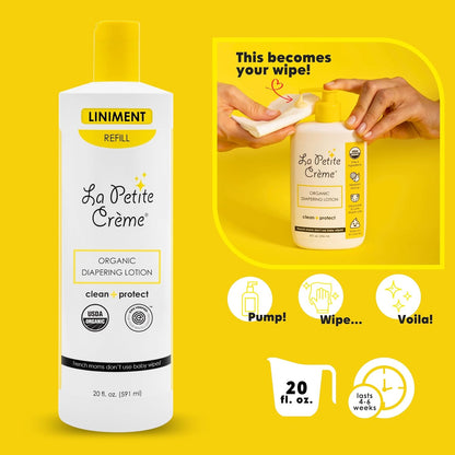 La Petite Creme French Premium Liniment Baby Lotion - Diaper Cream Alternative to Wet Wipes - Gentle Moisturizer & Skin Cleanser, USDA Certified Organic Ingredients - Newborn Essentials (8 oz)