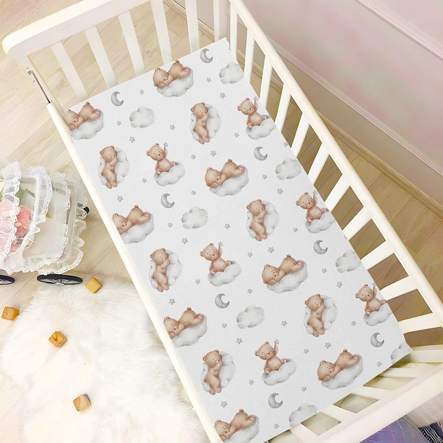 Fitted Crib Sheets White Bears with Clouds Stretchy Portable Playard Sheets for Baby Toddler, Breathable Soft Mini Crib Mattress 39 x 27 in for Boys and Girls