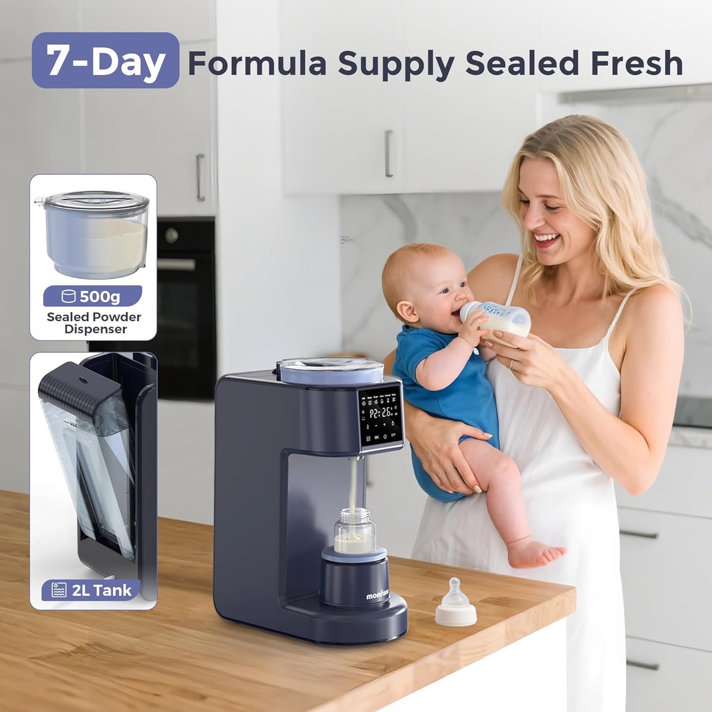 Momfann Formula Maker Pro, 2-Minute Quick Mix Baby Formula Dispenser, One-Touch Automatic Milk Maker, 3 Formula Temps + 4 Hot Water Choice, 2L Tank & Sealed Powder Container for Clump-Free Formula