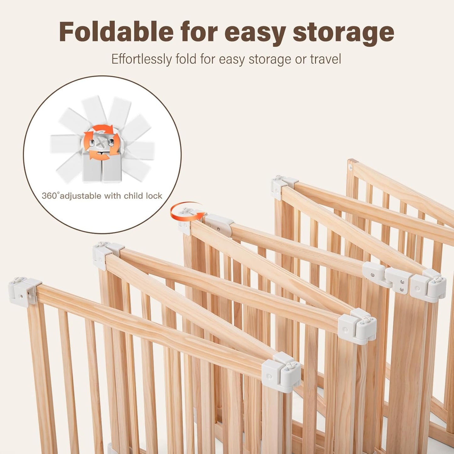 Foldable Wooden Playpen-51x51x25in-Large Baby Gate Playpen with Child-Proof Lock-Easy Assembly, Portable Design for Babies & Toddlers- Shape& Size Adjustable Baby Fence Play Area (Wood, 6 Panel)