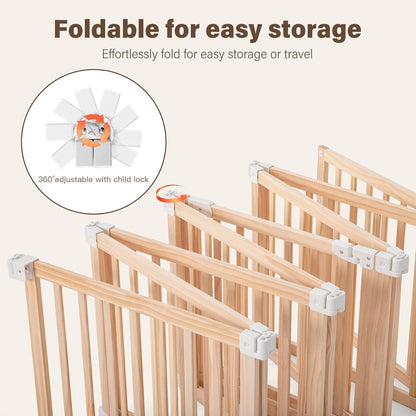 Foldable Wooden Playpen-51x51x25in-Large Baby Gate Playpen with Child-Proof Lock-Easy Assembly, Portable Design for Babies & Toddlers- Shape& Size Adjustable Baby Fence Play Area (Wood, 6 Panel)
