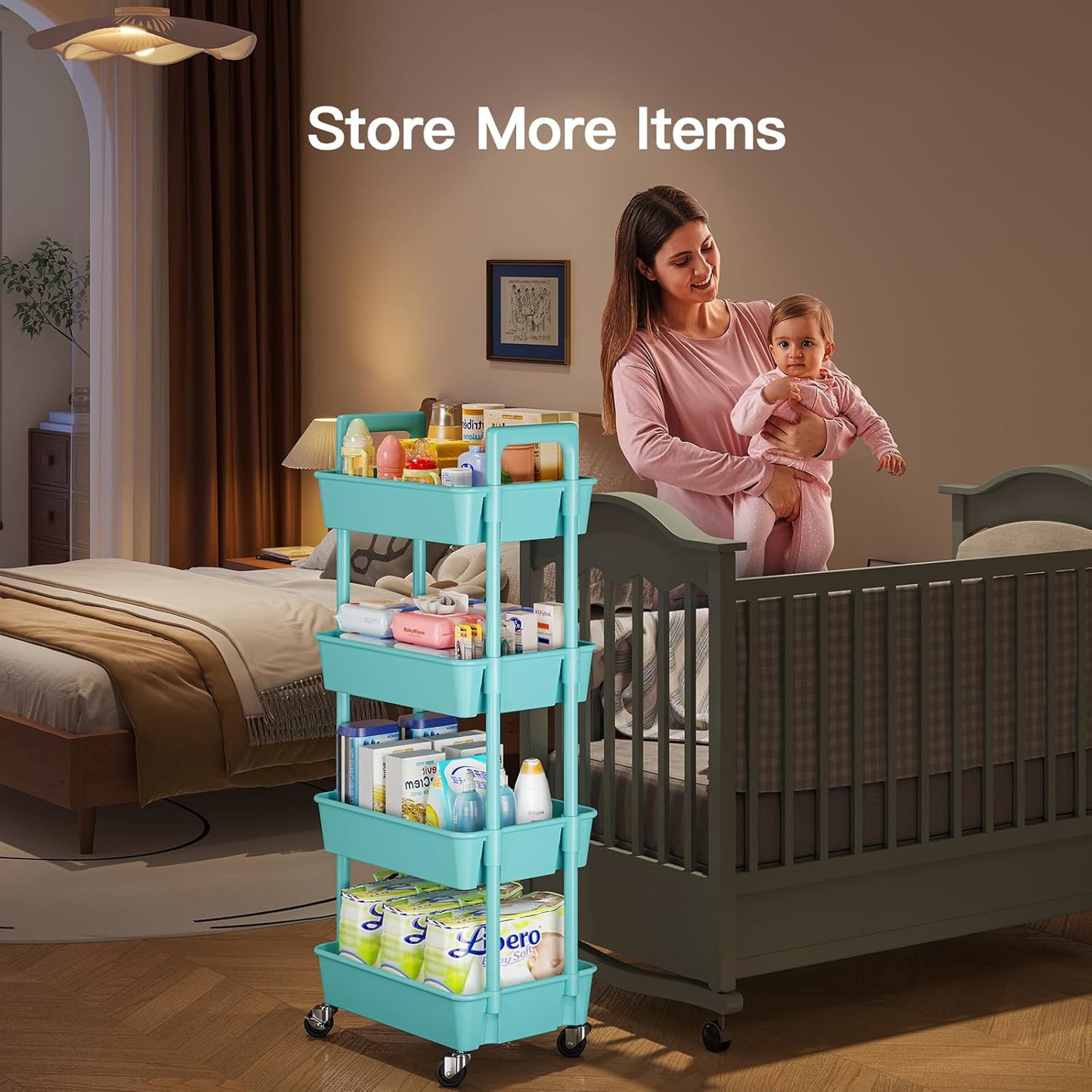 Pipishell 3 Tier Rolling Cart Organizer, Plastic Rolling Cart with Lockable Wheels & Reinforced Handle, Lightweight Utility Cart Storage Cart for Nursery, Kitchen, Bathroom, Craft Room, White, PIUC14W