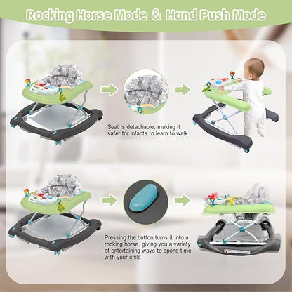 5 in 1 Foldable Baby Walker, Activity Baby Walker-Baby Bouncer, Rocker, Activity Center,Seat and Push Walker,Detachable Trampoline Mat, Adjustable Speed Rear Wheels and Height,Ages 6-18 Months(Green)