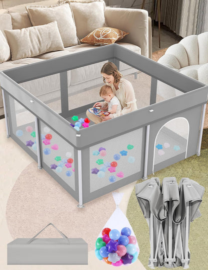 Foldable Large Baby Playpen 71"×71", Portable Playard for Babies & Toddlers, Lightweight Safety Baby Fence, No Installation, Indoor & Outdoor Playpen with 150 Ocean Balls, Beige