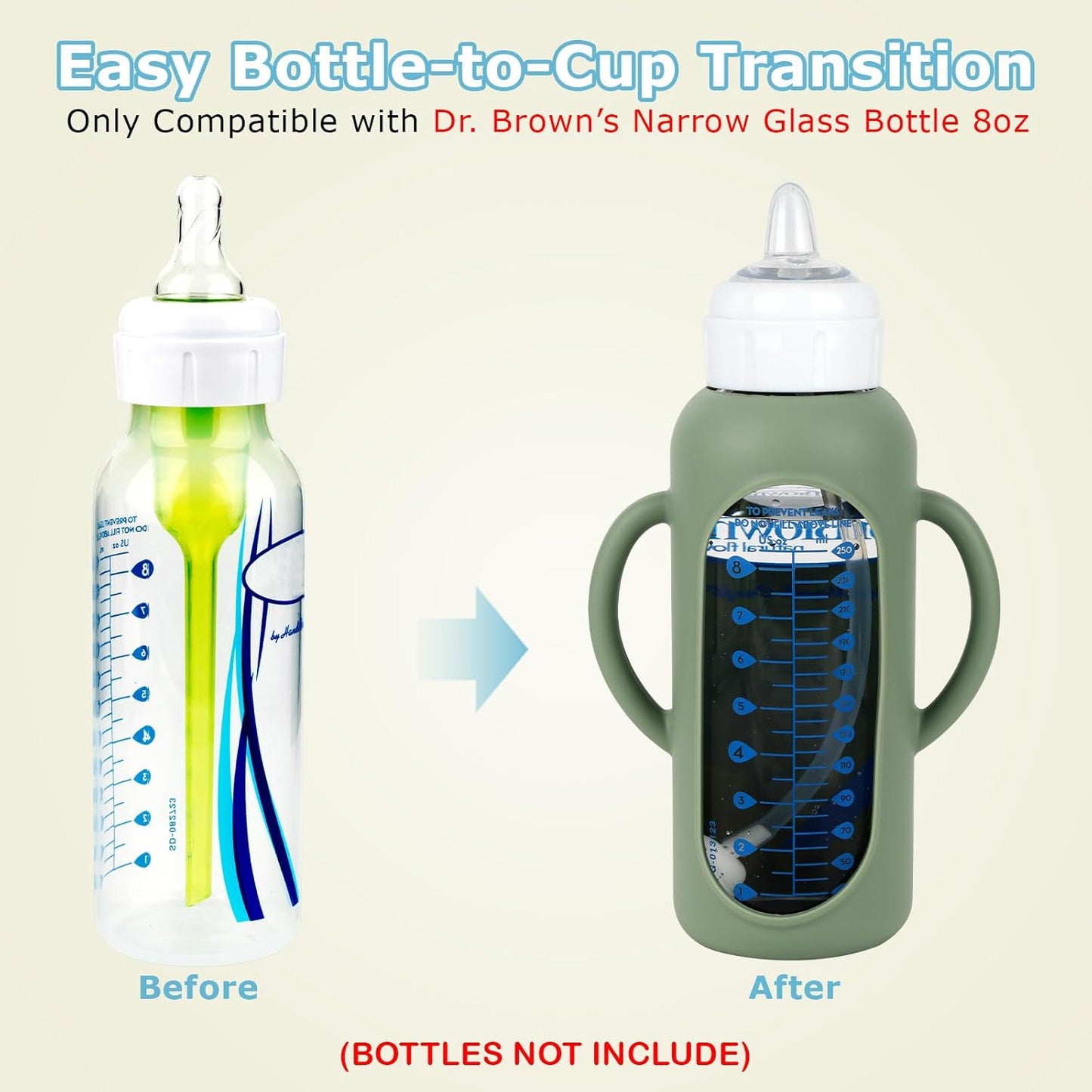 Sippy Straw Cup Conversion Kit with Silicone Sleeves for Dr. Brown's Narrow Glass Baby Bottle 4oz,Anti Breakage Baby Bottles Replacement Kit with Handle and Soft Sippy Spout,6m+,Set of 3