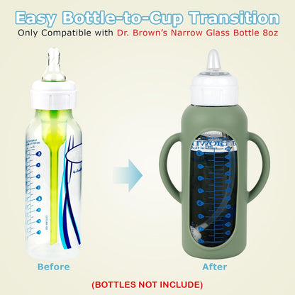 Sippy Straw Cup Conversion Kit with Silicone Sleeves for Dr. Brown's Narrow Glass Baby Bottle 4oz,Anti Breakage Baby Bottles Replacement Kit with Handle and Soft Sippy Spout,6m+,Set of 3
