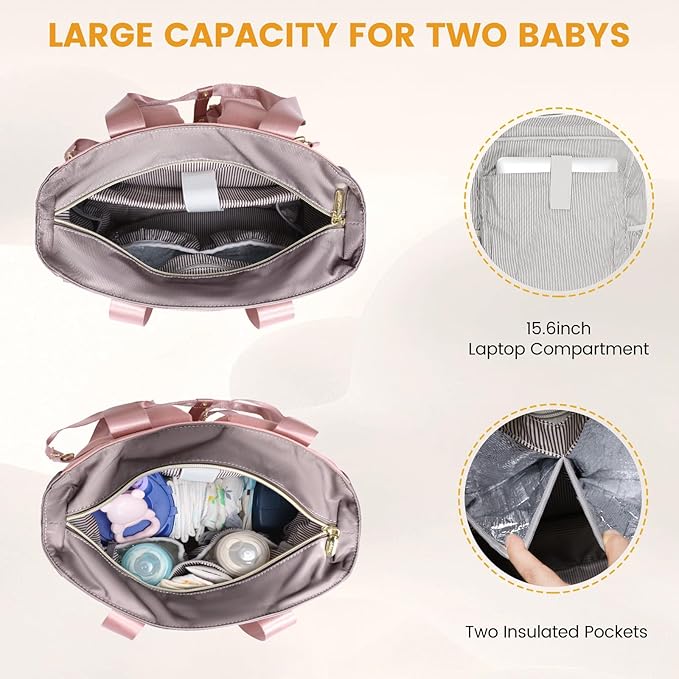 LOVEVOOK Diaper Bag Backpack,Diaper Tote Bag with Insulated Pockets,Baby Bag for Girl Boy with Changing Pad,Large Baby Diaper Bag with Pacifier Case,Anti-Theft Travel Backpack for Women,Pink-Gray