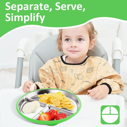 Bakpoco Stainless Steel Toddler Plate with Suction, 9” Divided Plates with Removable Silicone Sleeves for Kids, Non Toxic & BPA Free | Non Slip | Unbreakable Baby Snack Dishes Set of 2, Blue & Gray