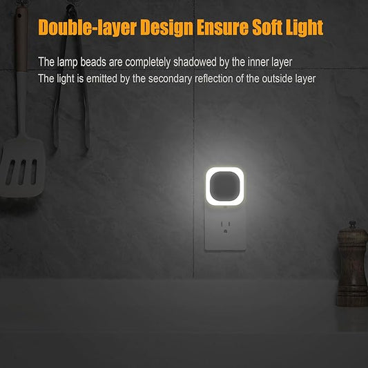 YUNLEX 2 Pack Daylight White Night Light, Gentle Eye-Care with Dimmable Wide-Glow & Indirect Reflection, Auto Dusk to Dawn Sensor, Plug in for Kitchen Counter, Garage Workshop, Laundry, Hallway