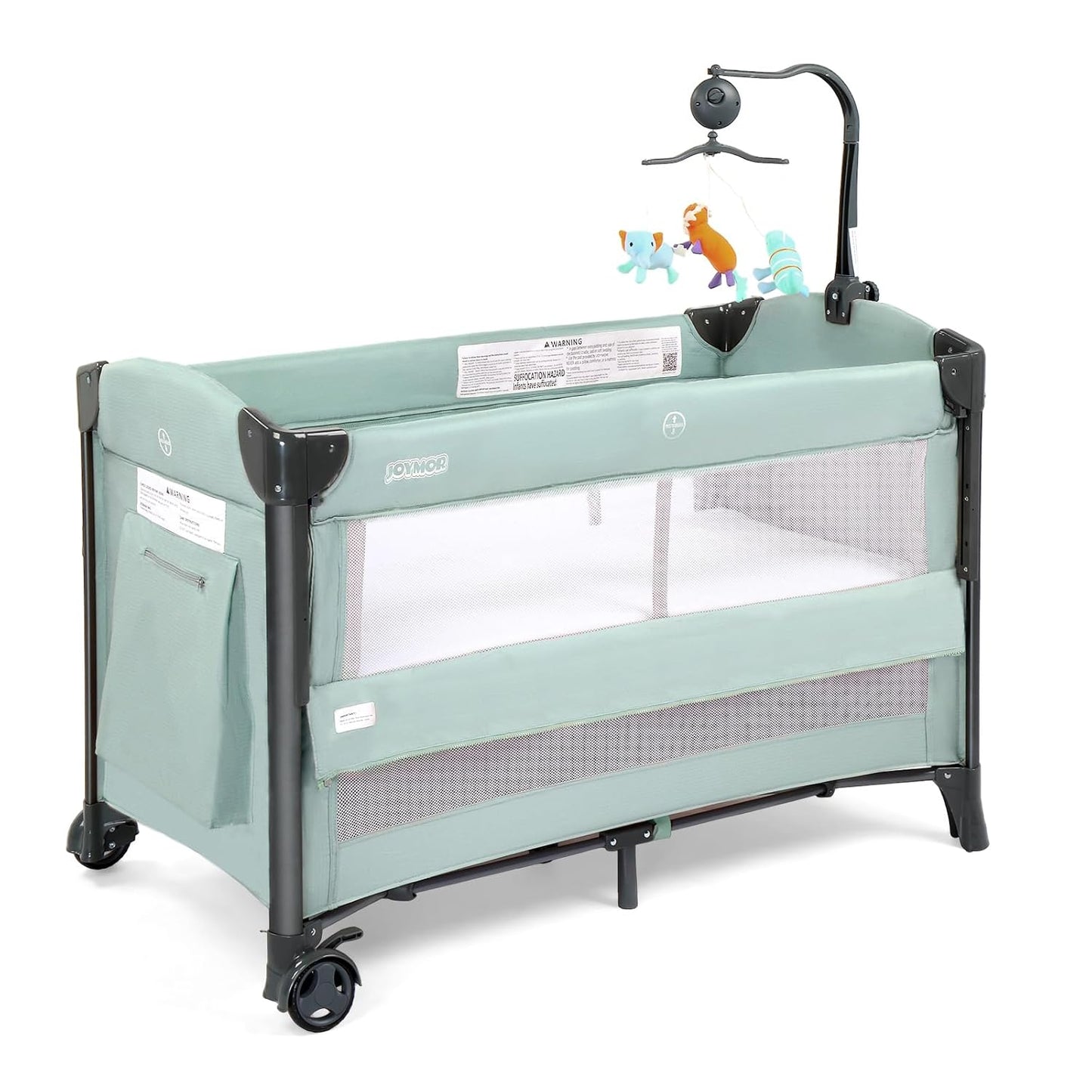 JOYMOR Baby Bassinet, Pack and Play with Bassinet and Carry Bag, Convert to Bedside Sleeper with Wheels for Boys Girls (Green)
