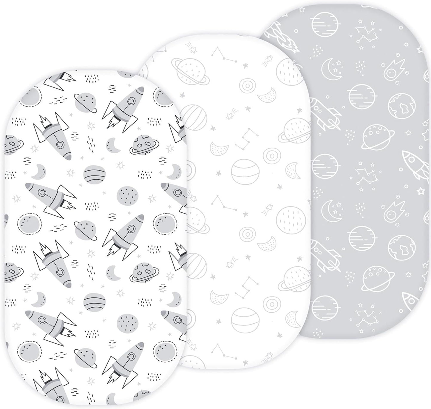 Bassinet Sheets for Papablic, CoZee, Cowiewie, Ezebaby, Nawahev Baby Bassinet Bedside Sleeper by TansyPanda, 3PC, 33x20, Ultra Soft, Breathable Snug Fit, Unisex Boys Girls, Gray White (Space Rockets)