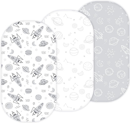 Bassinet Sheets for Papablic, CoZee, Cowiewie, Ezebaby, Nawahev Baby Bassinet Bedside Sleeper by TansyPanda, 3PC, 33x20, Ultra Soft, Breathable Snug Fit, Unisex Boys Girls, Gray White (Space Rockets)