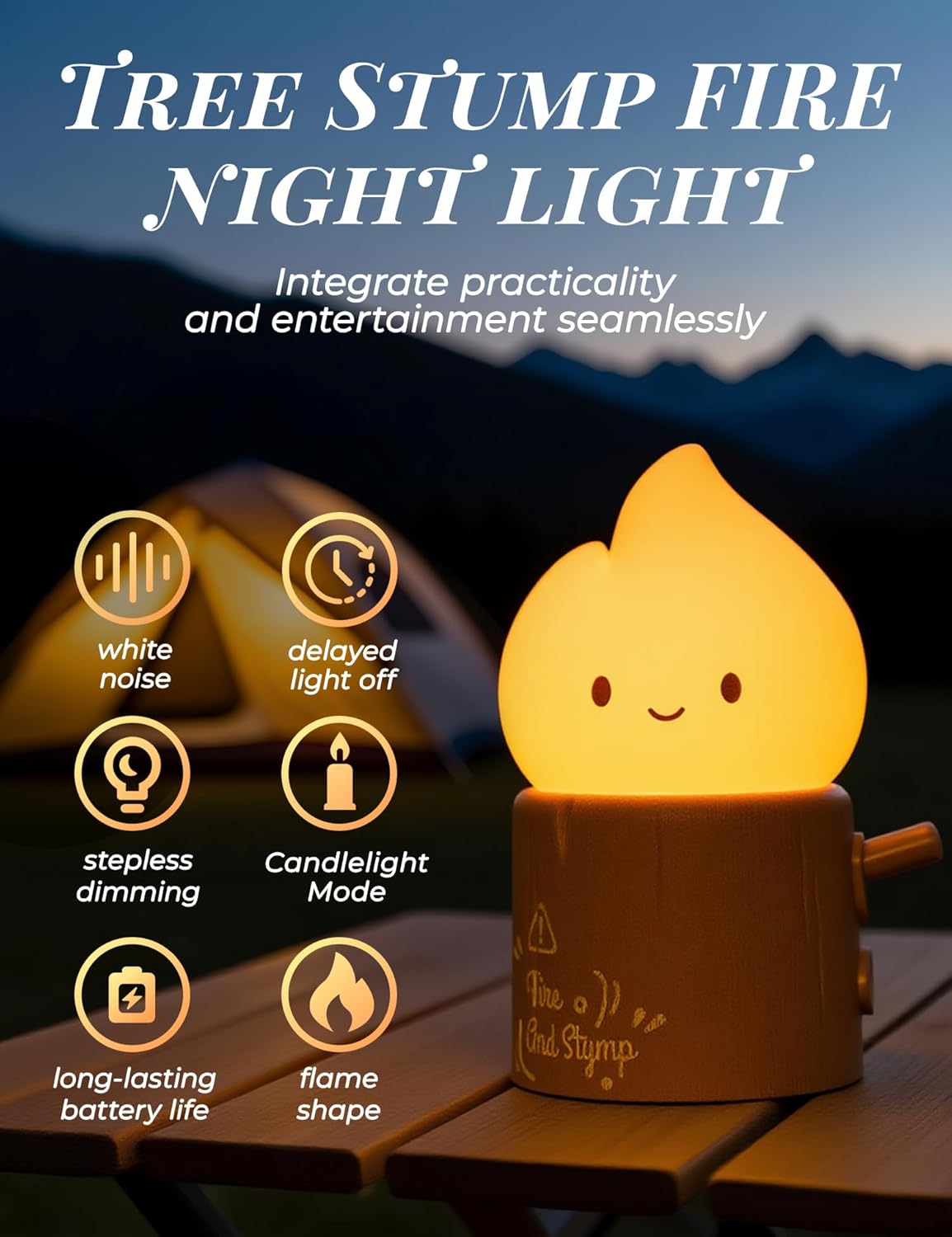 3pcs Cozy Campfire Nightlight Kits, Soothing Nature Sounds, White Noise Night Light for Baby Adult, Rechargeable, Cute Flame Lamp, Best Gift for Kids Bedrooms Camping Trips
