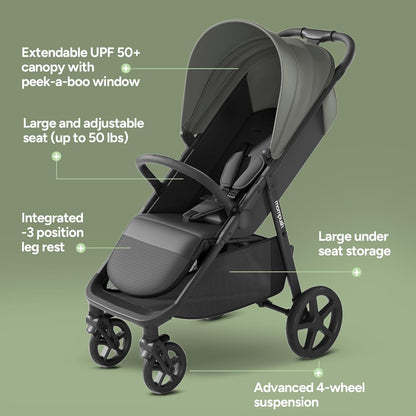 Mompush Nova Infant Baby Stroller for Newborn to Toddler, Oversized Seat up to 50 lbs, All-Terrain 10" Wheels & Suspension, One-Hand Fold; Lie-Flat Mode; UPF 50+ Canopy