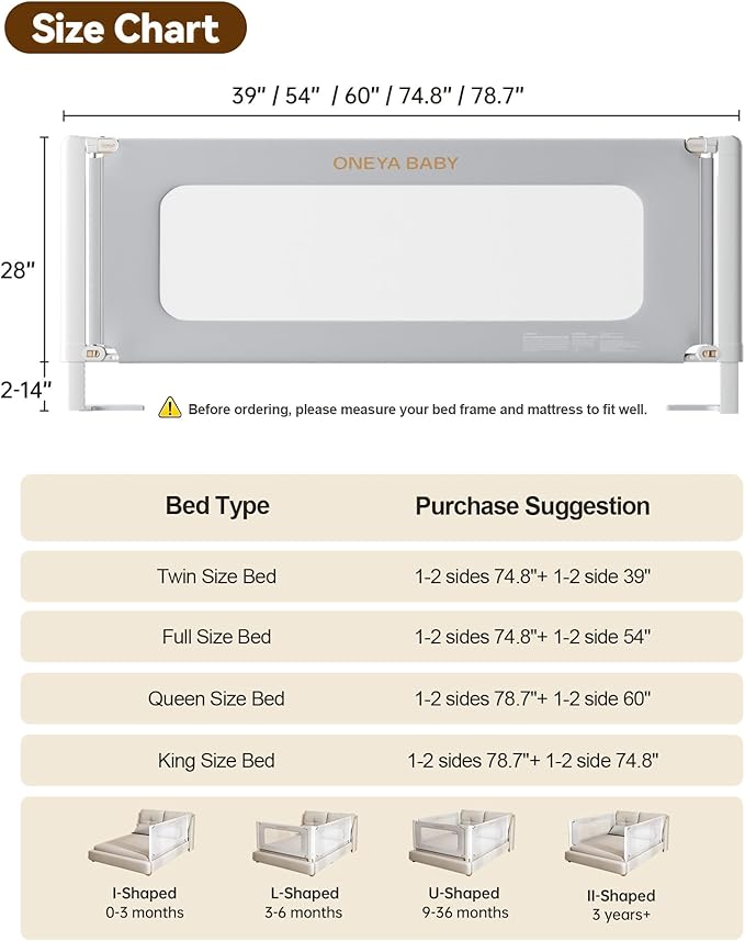 Bed Rail for Toddlers, Thickened & Reinforced Toddler Bed Rails with Height Adjustable, Upgraded Kids Baby Bed Rail Guard, Bed Side Rails for Twin, Full, King Size, Grey, 1 Side, 74.8" Lx28 H