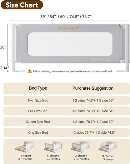 Bed Rail for Toddlers, Thickened & Reinforced Toddler Bed Rails with Height Adjustable, Upgraded Kids Baby Bed Rail Guard, Bed Side Rails for Twin, Full, King Size, Grey, 1 Side, 74.8" Lx28 H