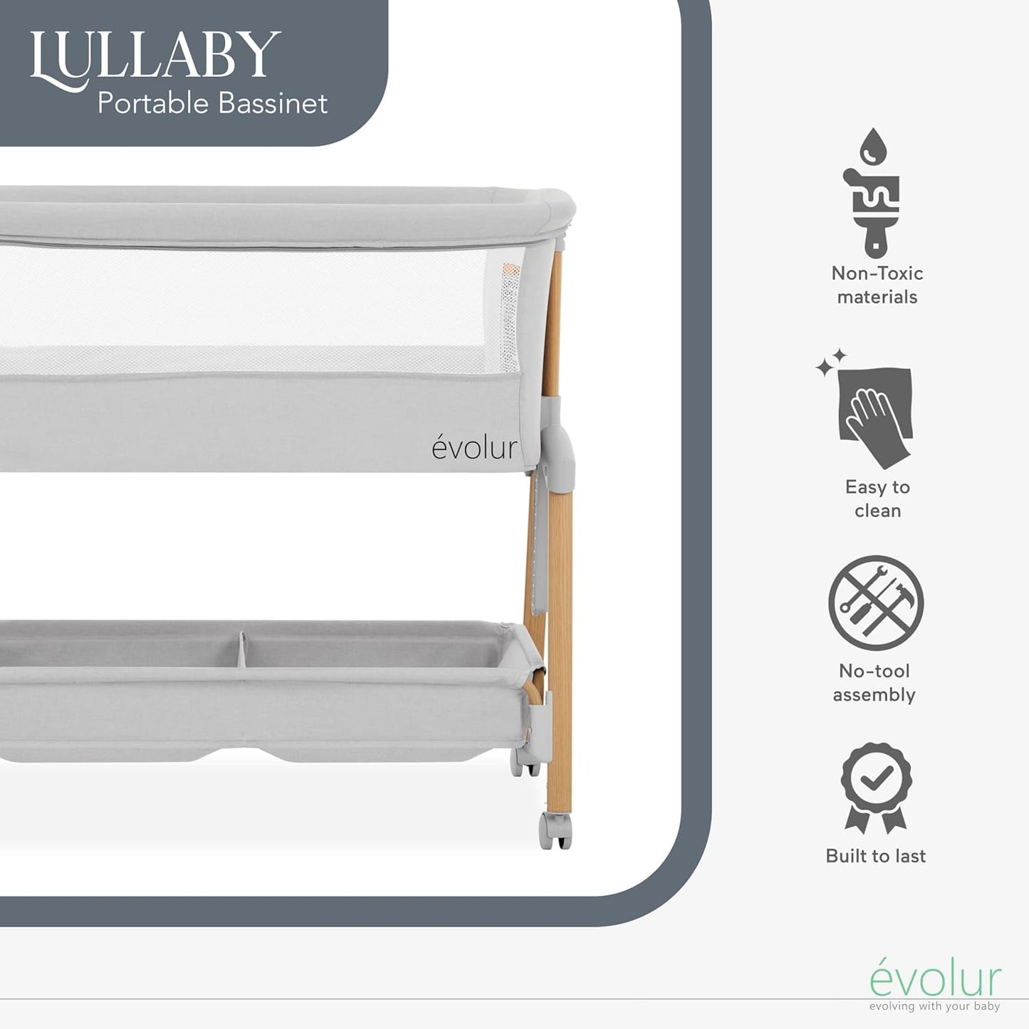 Evolur Lullaby Portable Bassinet with Wheels, Adjustable Bedside Sleeper, Breathable Mesh Sides, Large Storage Basket, Easy Fold, and Travel Bag Included, Perfect for Newborns & Infants - Biege