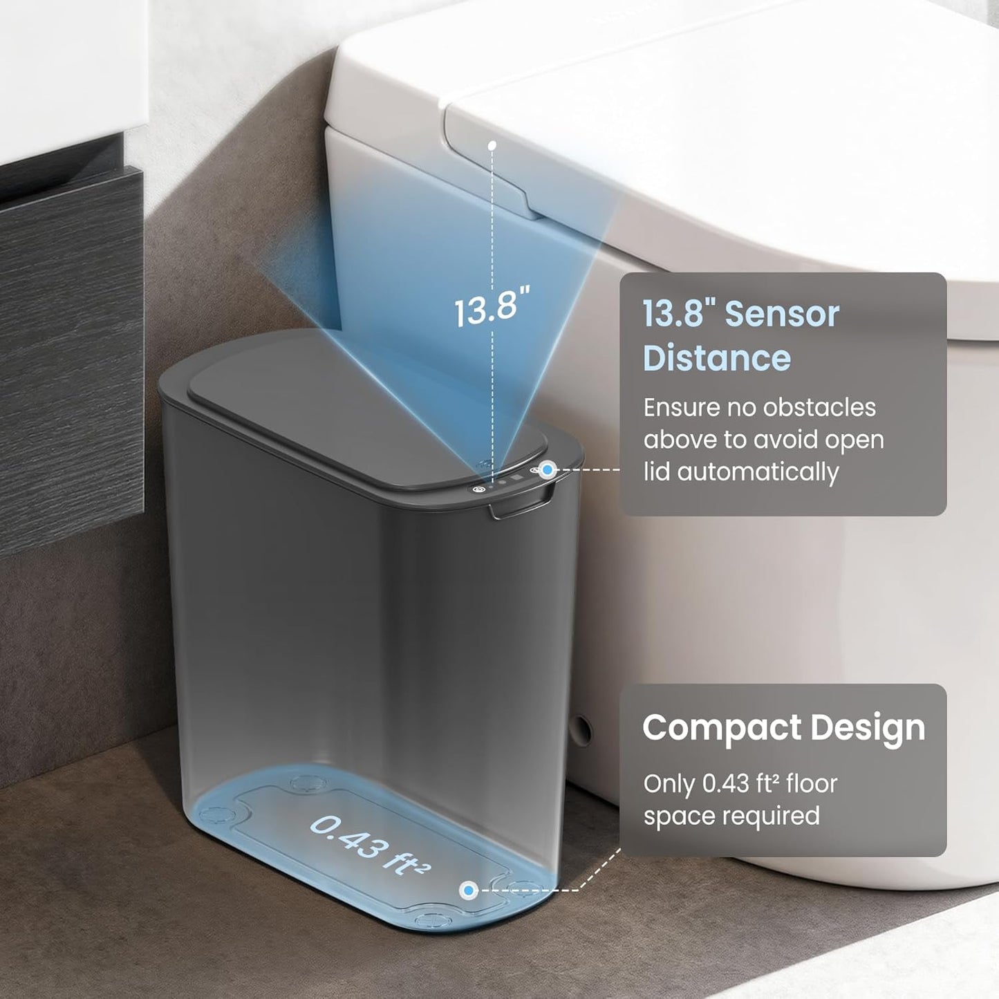 Cesun Automatic Motion Sensor Bathroom Trash Can with Lid, 2.6 Gallon Touchless Trash Bin, Smart Plastic Slim Garbage Can Small White Wastebasket for Toilet, Office, rv, Bedroom, Living Room