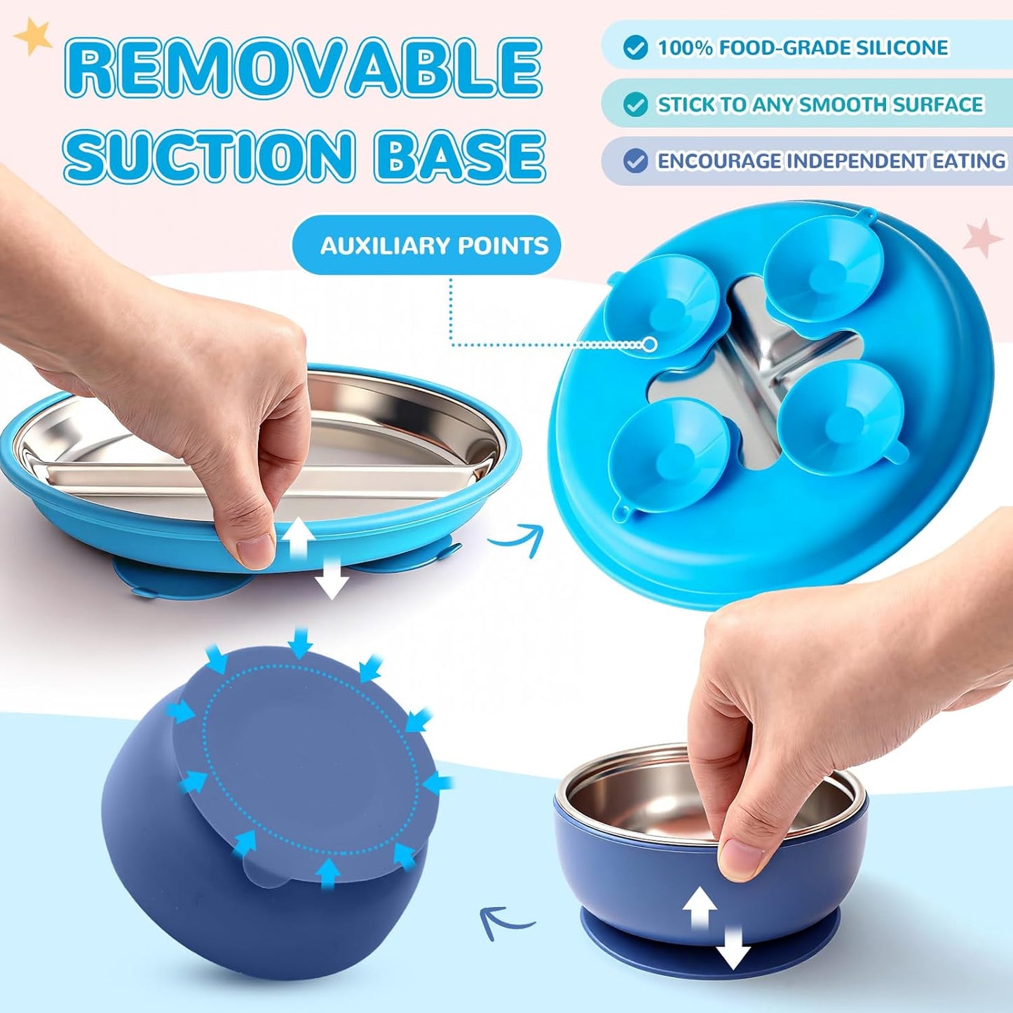 Havawish 8 Pcs Stainless Steel Baby Plate and Bowls with Suction, 8.3" Kid Divided Plate and 4" Toddler Bowl with Removable Silicone, BPA-free Non-slip Baby Feed Set Dishwasher Safe for Boy Girl(Pink)