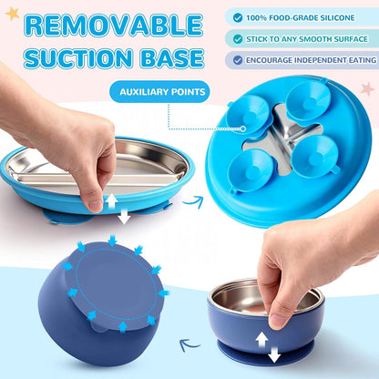 Havawish 8 Pcs Stainless Steel Baby Plate and Bowls with Suction, 8.3" Kid Divided Plate and 4" Toddler Bowl with Removable Silicone, BPA-free Non-slip Baby Feed Set Dishwasher Safe for Boy Girl(Pink)