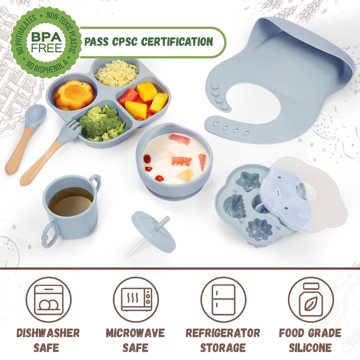 Silicone Baby Feeding Set, Baby Led Weaning Supplies, Baby Food Tableware Silicone Suction Plate, Bowl, Spoons, Fork, Waterproof Bib, Cup & Complementary Food Cake Mold, Baby Eating Utensils