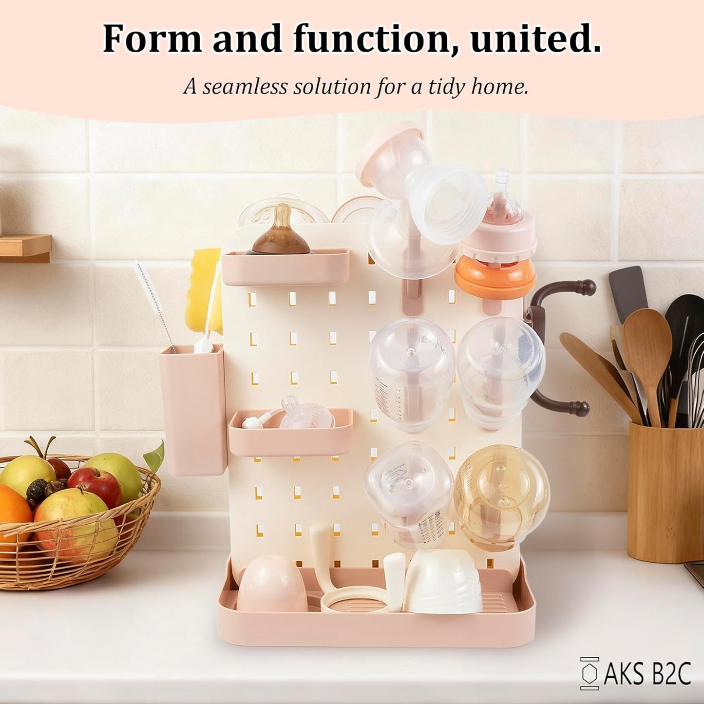 Baby Bottle Drying Rack Space Saving Countertop Vertical Rack with Brushes Holder (Pink)