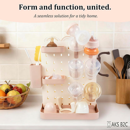 Baby Bottle Drying Rack Space Saving Countertop Vertical Rack with Brushes Holder (Pink)