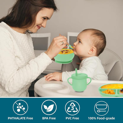 100% Silicone Baby Feeding Set, BPA Free Baby Dishes with Suction Bowl, Divided Plate, Toddler Self Feeding Dish Set with Spoons, Forks, Sippy Cup and Bib, Baby Eating Utensils (Navy Blue)