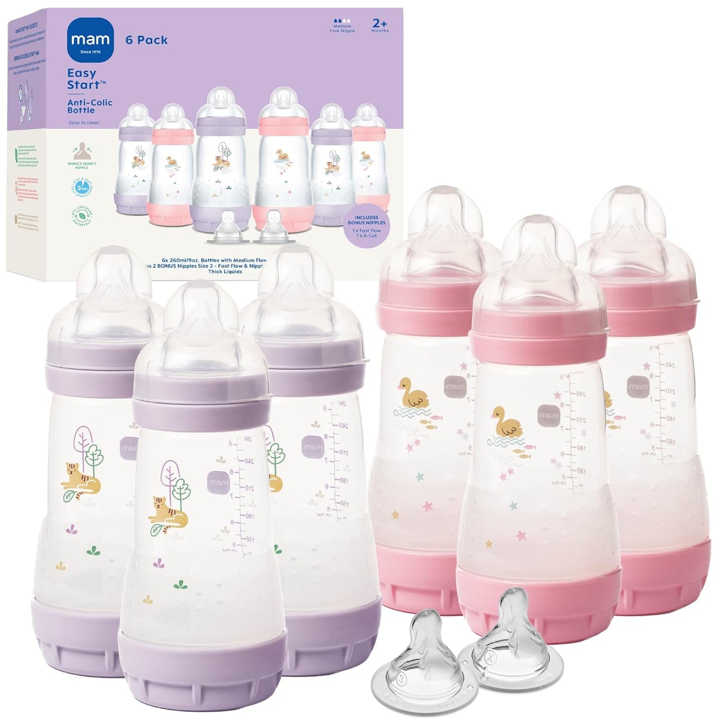 MAM 9oz Easy Start Anti-Colic+ Wide Neck Baby Bottle, Medium Flow Breastfeeding-Like Nipple, Reduces Colic Gas & Reflux, Easy To Clean, BPA Free, 2+ Months, Made In Europe, Bonus Fast Flow Nipple, Boy