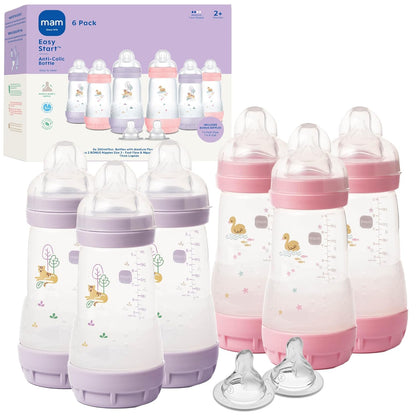 MAM 9oz Easy Start Anti-Colic+ Wide Neck Baby Bottle, Medium Flow Breastfeeding-Like Nipple, Reduces Colic Gas & Reflux, Easy To Clean, BPA Free, 2+ Months, Made In Europe, Bonus Fast Flow Nipple, Boy